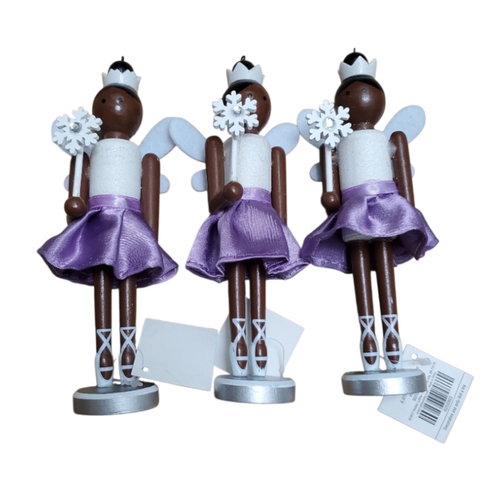 Christmas Tree Orniments Sparkling Set Of 3 Wooden Fairy Princess Figurines - Picture 4 of 12
